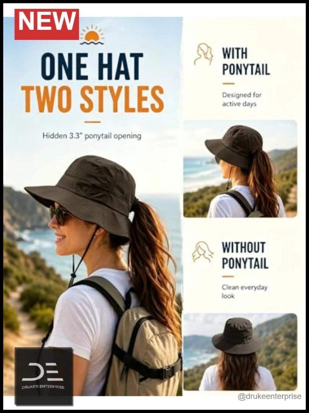 Women's UPF50+ Waterproof Bucket Hat with Hidden Ponytail Hole, Packable